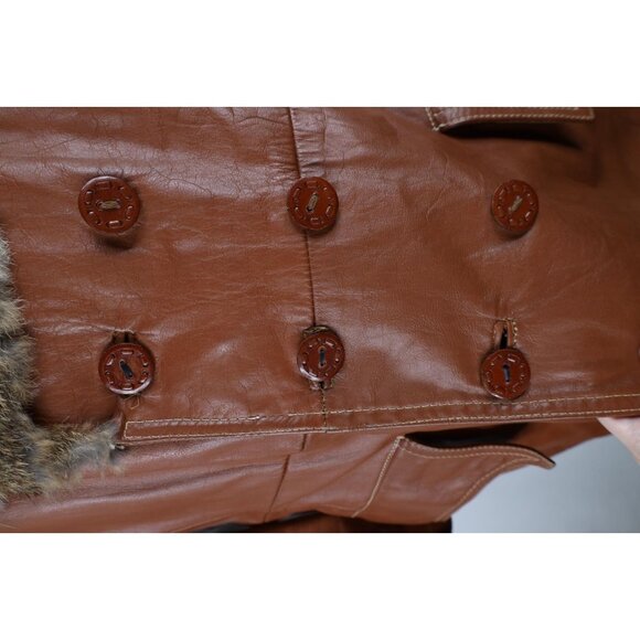 Vintage 60s 70s Streetwear Mens 44 Rabbit Fur Trim Leather Trench Coat Jacket - Picture 7 of 16